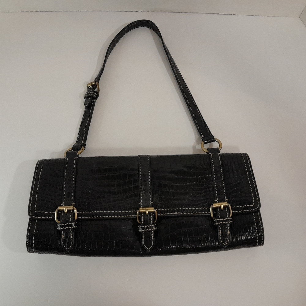 Nicole Miller Collection Black Crocodile Print Clutch Purse 11 1/2 x 5 Pre-owned